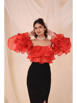 ROSA DAME - Red Lunara Organza Ruffle Off-Shoulder Top with Tie-Back