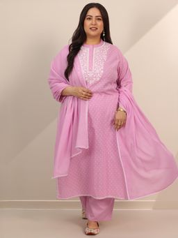 Extra love by Libas - Plus Size Women Pink Embroidered Kurta with Pant and Dupatta
