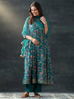 Libas - Teal Floral Kurta with Pant and Dupatta