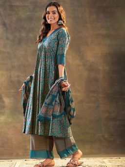 Libas - Teal Floral Kurta with Palazzo and Dupatta