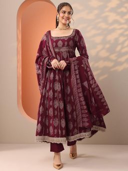 Libas - Maroon Printed Anarkali Kurta with Pant and Dupatta