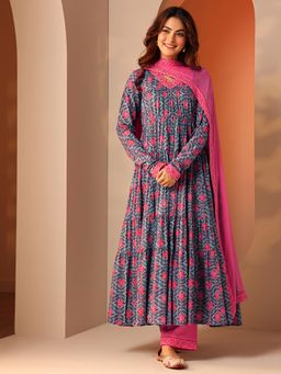 Libas - Blue Floral Anarkali Kurta with Pant and Dupatta