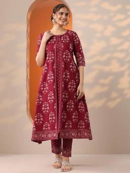 Libas - Maroon Floral Kurta with Pant and Jacket