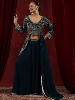 Libas Art - Teal Embroidered Kurta with Palazzo and Dupatta