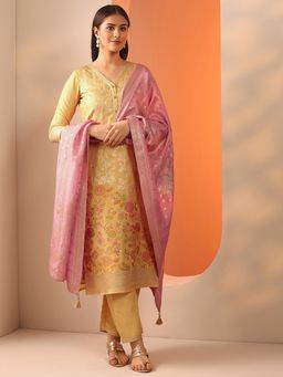 Libas - Yellow Floral Kurta with Pant and Dupatta