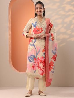 Libas - Beige Floral Kurta with Pant and Dupatta