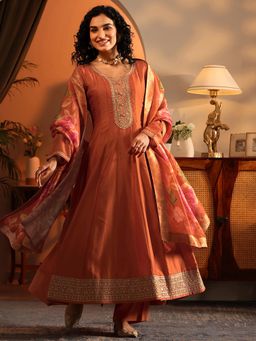 Libas - Orange Solid Anarkali Kurta with Pant and Dupatta