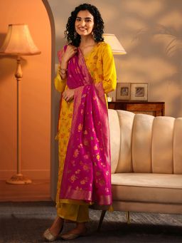 Libas - Mustard Floral Kurta with Pant and Dupatta