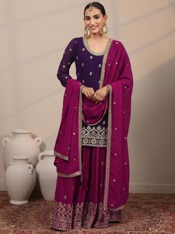 Libas Art - Purple Embroidered Kurta with Palazzo and Dupatta