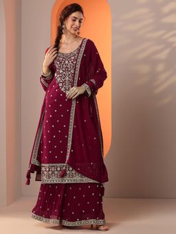 Libas Art - Maroon Embroidered Kurta with Palazzo and Dupatta