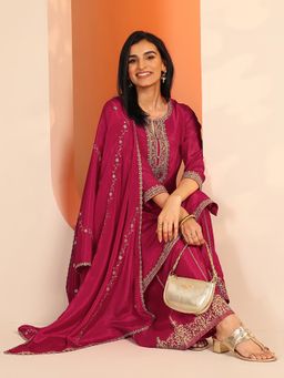 Libas - Pink Embroidered Kurta with Palazzo and Dupatta
