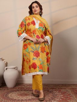 Extra love by Libas - Plus Size Women Yellow Floral Kurta with Pant and Dupatta