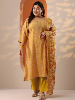 Extra love by Libas - Plus Size Women Yellow Floral Kurta with Pant and Dupatta