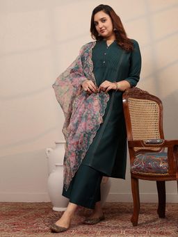 Extra love by Libas - Plus Size Women Teal Embroidered Kurta with Palazzo and Dupatta
