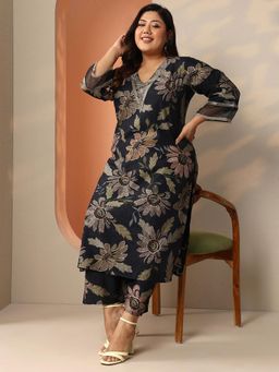 Extra love by Libas - Navy Blue Floral Kurta and Palazzo