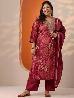 Extra love by Libas - Plus Size Women Maroon Floral Kurta with Pant and Dupatta