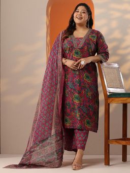 Extra love by Libas - Maroon Floral Kurta with Pant and Dupatta