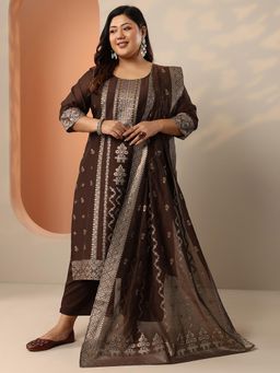 Extra love by Libas - Brown Woven Kurta with Pant and Dupatta