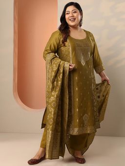Extra love by Libas - Olive Woven Kurta with Pant and Dupatta