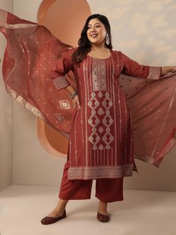 Extra love by Libas - Rust Woven Kurta with Pant and Dupatta