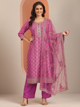 Libas Art - Mauve Embroidered Kurta with Pant and Dupatta
