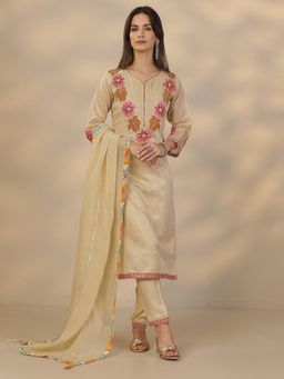 Libas - Off White Floral Kurta with Pant and Dupatta