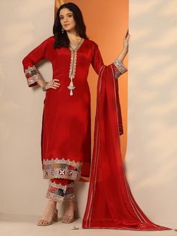 Libas Art - Red Embroidered Kurta with Pant and Dupatta