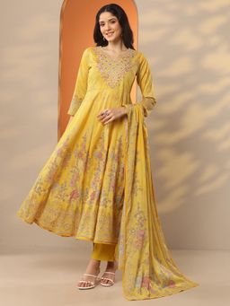Libas - Mustard Floral Kurta with Pant and Dupatta (2XL)
