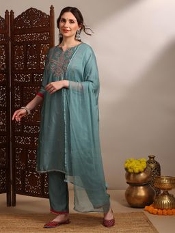 Globus - Blue Floral Kurta with Pant and Dupatta