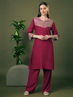 FASHOR - Burgundy Embroidered Co-Ord Set