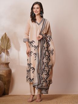 FASHOR - Beige Printed Kurta with Pant and Dupatta