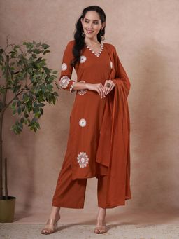FASHOR - Rust Embroidered Kurta with Palazzo and Dupatta