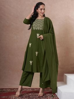 FASHOR - Green Embroidered Kurta with Palazzo and Dupatta