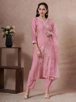 FASHOR - Pink Floral Kurta with Pant and Dupatta