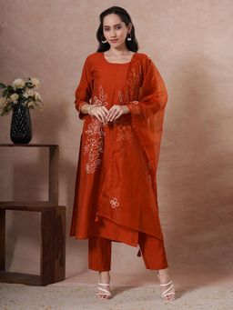 FASHOR - Rust Floral Kurta with Pant and Dupatta