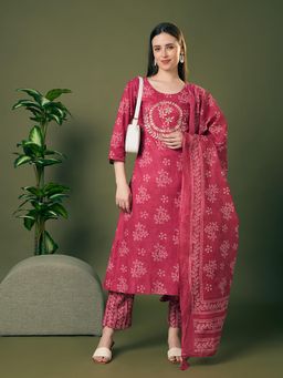 FASHOR - Red Floral Kurta with Pant and Dupatta