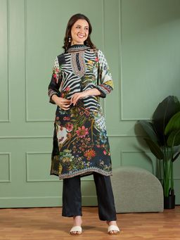FASHOR - Black Floral Kurta with Pant and Dupatta