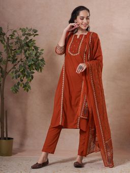 FASHOR - Rust Printed Kurta with Pant and Dupatta