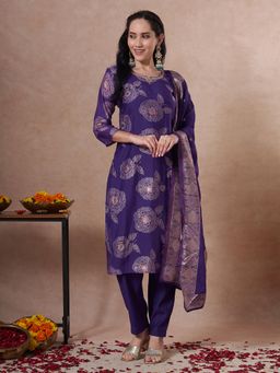 FASHOR - Purple Floral Kurta with Pant and Dupatta