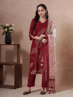 FASHOR - Maroon Embroidered Kurta with Pant and Dupatta