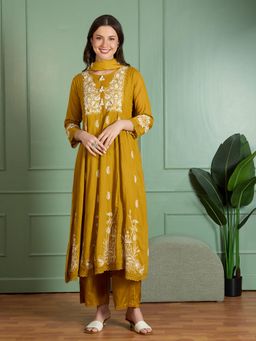 FASHOR - Mustard Embroidered Kurta with Pant and Dupatta