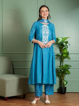 FASHOR - Blue Embroidered Kurta with Pant and Dupatta