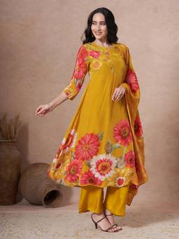 FASHOR - Mustard Floral Kurta with Palazzo and Dupatta
