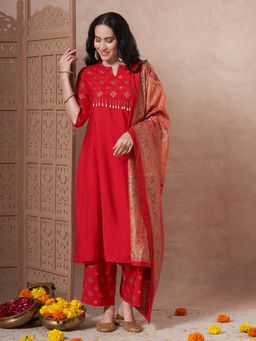 FASHOR - Red Printed Kurta with Pant and Dupatta