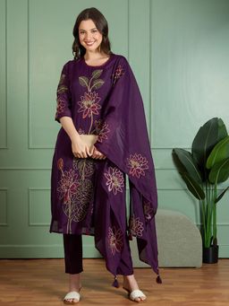FASHOR - Purple Floral Kurta with Pant and Dupatta