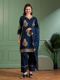 FASHOR - Blue Floral Kurta with Pant and Dupatta