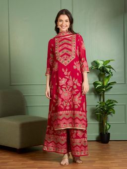 FASHOR - Red Floral Kurta with Palazzo and Dupatta