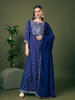 FASHOR - Blue Printed Kurta with Palazzo and Dupatta