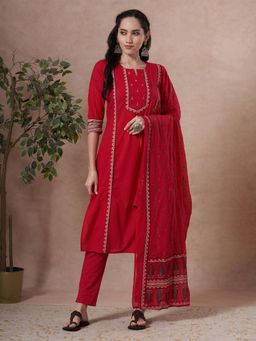 FASHOR - Red Printed Kurta with Pant and Dupatta