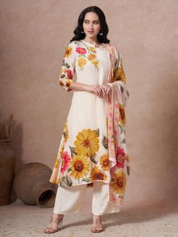 FASHOR - Cream Floral Kurta with Palazzo and Dupatta